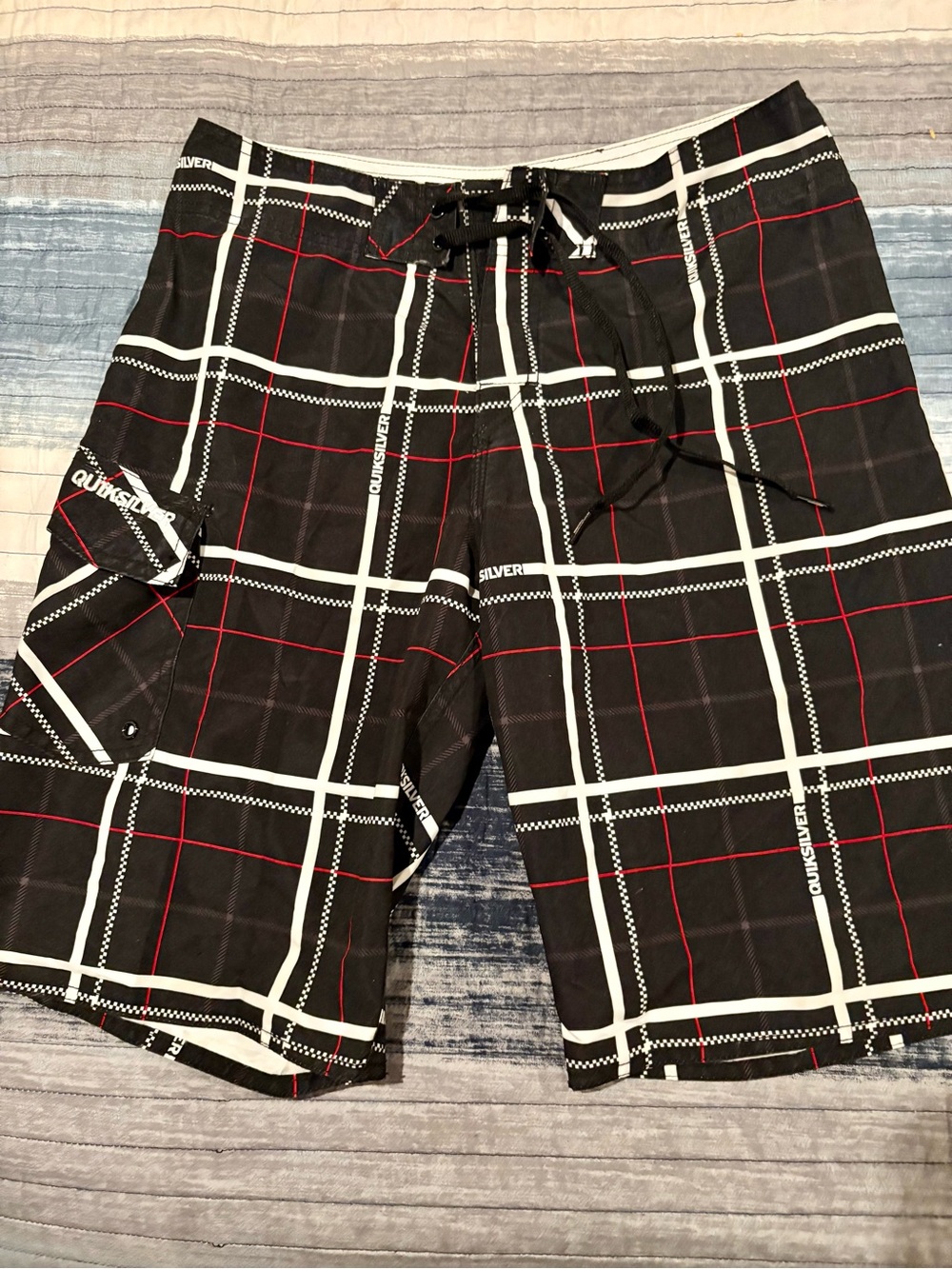 Quiksilver Black White and Red Plaid Swim Board Shorts